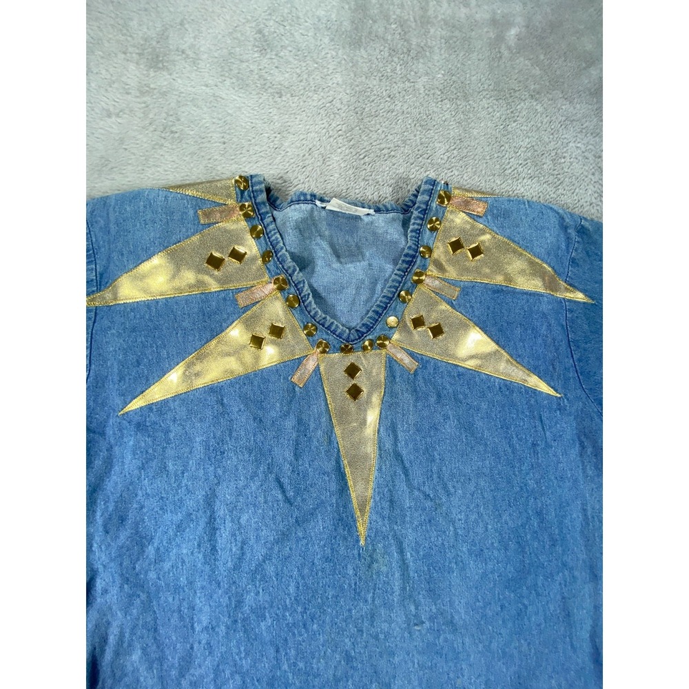 Vintage Womens Tunic Top M Blue Chambray Studded 100% Cotton Aztec Fairy V Neck - Picture 2 of 10